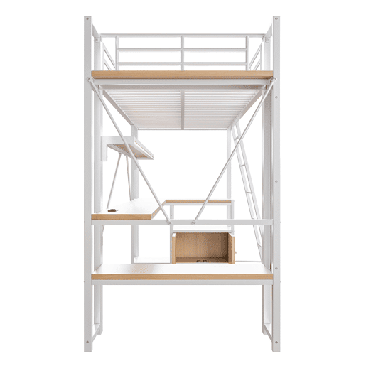 Cama alta 90x200 cm - Estrutura em ferro, LED, secretária, arrumação, USB - Branco