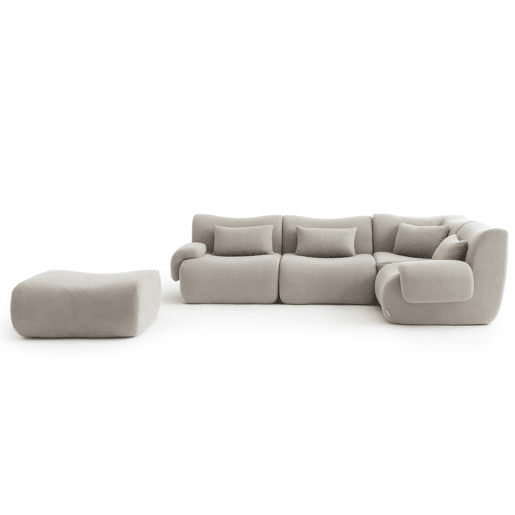 Sofá de canto modular de 4 lugares com chaise longue, tecido bouclé na cor bege pedra