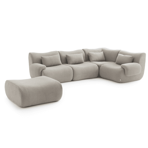 Sofá de canto modular de 4 lugares com chaise longue, tecido bouclé na cor bege pedra