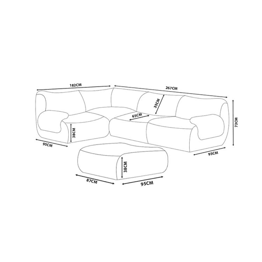 Sofá de canto modular de 4 lugares com chaise longue, tecido bouclé na cor bege pedra