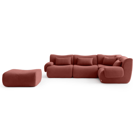 Sofá de canto modular de 4 lugares com chaise longue, tecido bouclé na cor vermelho terracota