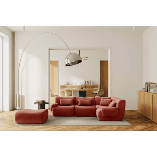 Sofá de canto modular de 4 lugares com chaise longue, tecido bouclé na cor vermelho terracota