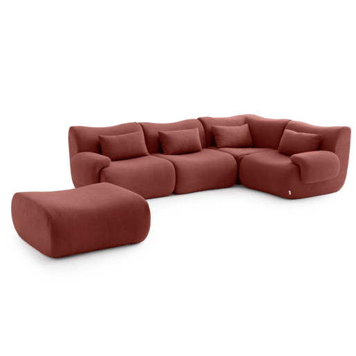 Sofá de canto modular de 4 lugares com chaise longue, tecido bouclé na cor vermelho terracota