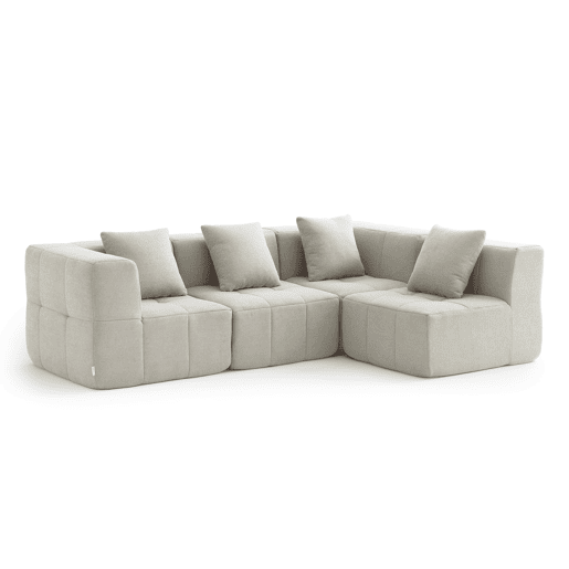 Sofá de canto modular de 4 lugares, tecido bouclé na cor bege creme