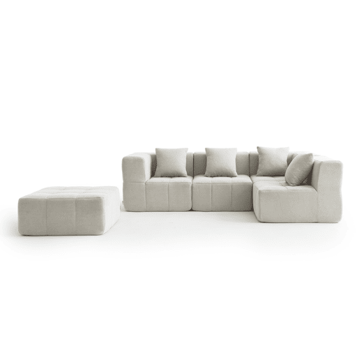 Sofá de canto modular de 4 lugares com chaise longue, tecido bouclé na cor bege creme