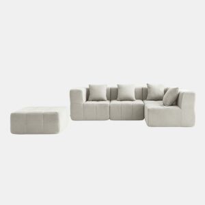 Sofá de canto modular de 4 lugares com chaise longue, tecido bouclé na cor bege creme
