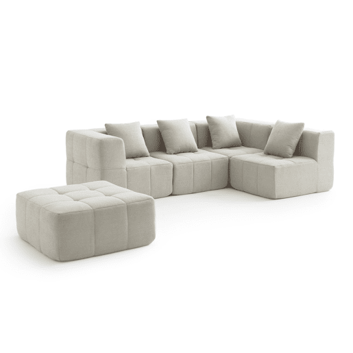 Sofá de canto modular de 4 lugares com chaise longue, tecido bouclé na cor bege creme