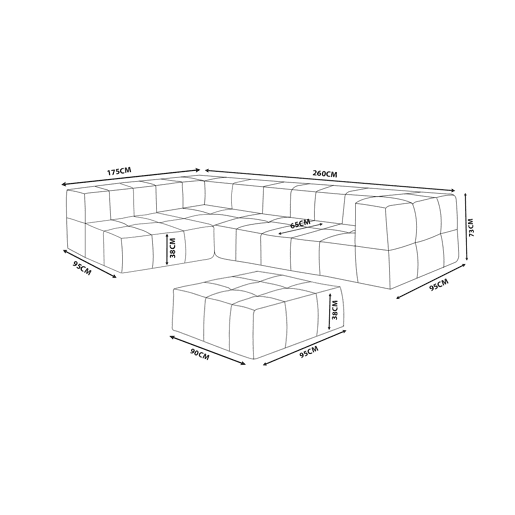 Sofá de canto modular de 4 lugares com chaise longue, tecido bouclé na cor bege creme