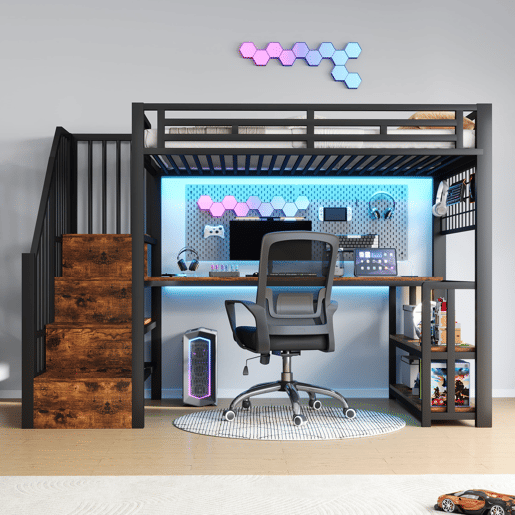 Cama alta 90x200 cm - Estrutura em ferro, secretária, LED, arrumação, USB - Preto