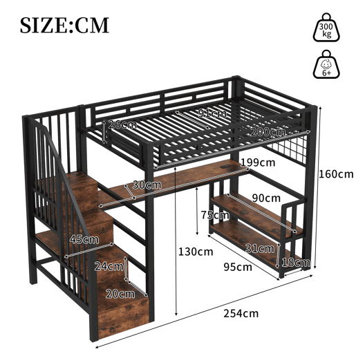Cama alta 90x200 cm - Estrutura em ferro, secretária, LED, arrumação, USB - Preto