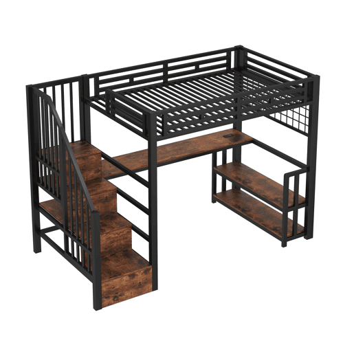 Cama alta 90x200 cm - Estrutura em ferro, secretária, LED, arrumação, USB - Preto