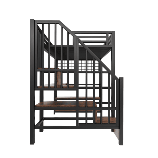 Cama alta 90x200 cm - Estrutura em ferro, secretária, LED, arrumação, USB - Preto