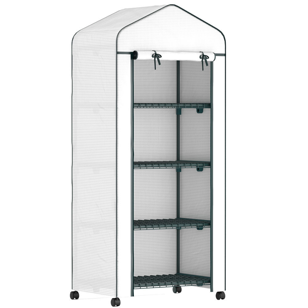 Outsunny invernadero de exterior con 4 estantes y ruedas, invernadero pequeño con puerta enrollable, marco de acero y cubierta de pe 140g/㎡, anti-uv para plantas, macetas, flores, 70x50x165 cm, blanco