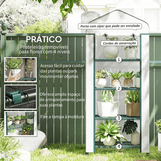 Outsunny Estufa de Jardim com 4 Prateleiras e Cobertura de PE Estufa de Aço para Cultivo de Plantas Flores 69x50x165 cm Branco