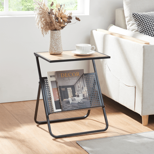 Mesa de apoio com suporte para jornais Jäller 48x40x30 cm Preto Aspeto carvalho en.casa