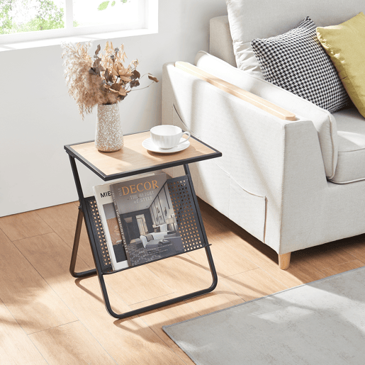 Mesa de apoio com suporte para jornais Jäller 48x40x30 cm Preto Aspeto carvalho en.casa
