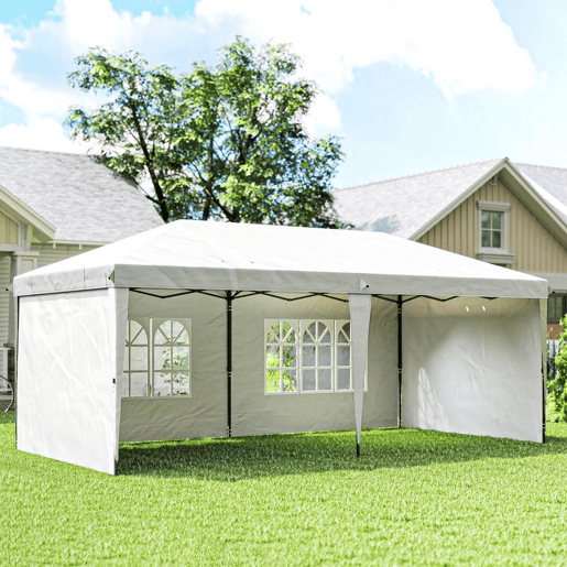 Outsunny Tenda Dobrável 6x3 m Pop-up com 4 Laterais Desmontáveis Tenda de Jardim com 2 Janelas Visíveis Saco de Transporte Impermeável Anti-UV Tenda para Campismo Festas Exterior Branco