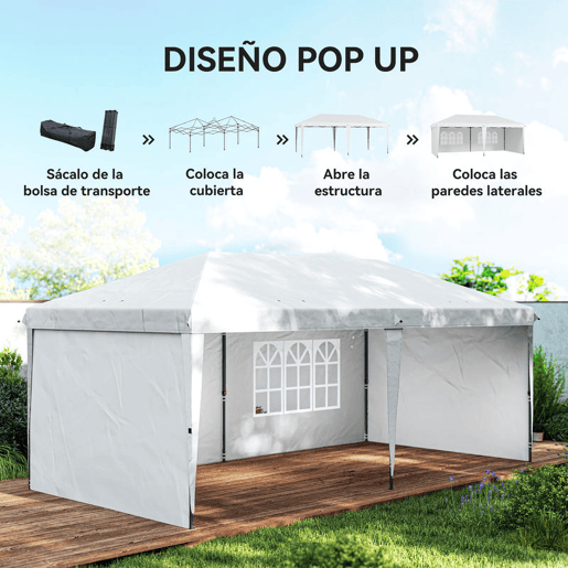 Outsunny Tenda Dobrável 6x3 m Pop-up com 4 Laterais Desmontáveis Tenda de Jardim com 2 Janelas Visíveis Saco de Transporte Impermeável Anti-UV Tenda para Campismo Festas Exterior Branco