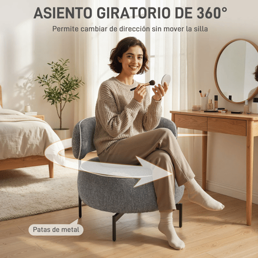 HOMCOM Poltrona de Sala com Assento Rotativo Poltrona de Sala Revestida em Tecido Linho com Assento Amplo Acolchoado Espesso Pés de Metal para Quarto Leitura Cinzento Escuro