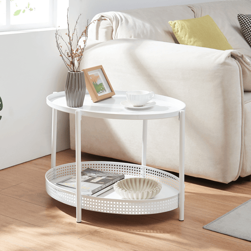 Mesa de centro Jäller oval com prateleira metal 66x51x44 cm Branco en.casa