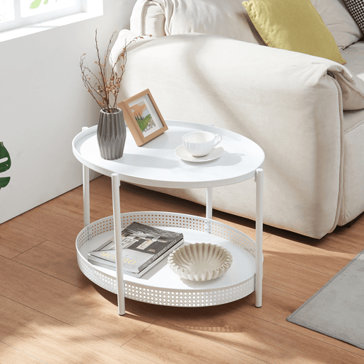 Mesa de centro Jäller oval com prateleira metal 66x51x44 cm Branco en.casa