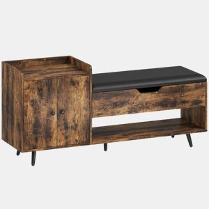 HOMCOM Banco Sapateira Banco para Entrada Estilo Industrial com Assento Acolchoado Compartimento Oculto Prateleiras Portas Prateleira Aberta para 3 Pares de Sapatos 127x35x59 cm Castanho Rústico