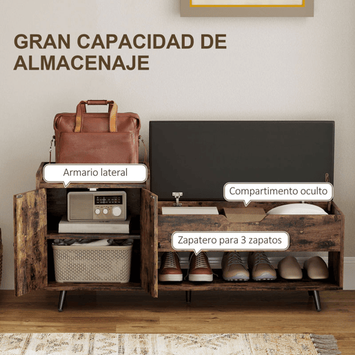 HOMCOM Banco Sapateira Banco para Entrada Estilo Industrial com Assento Acolchoado Compartimento Oculto Prateleiras Portas Prateleira Aberta para 3 Pares de Sapatos 127x35x59 cm Castanho Rústico