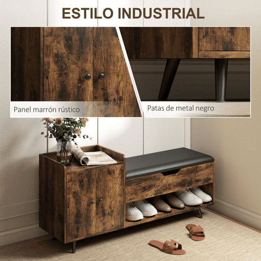 HOMCOM Banco Sapateira Banco para Entrada Estilo Industrial com Assento Acolchoado Compartimento Oculto Prateleiras Portas Prateleira Aberta para 3 Pares de Sapatos 127x35x59 cm Castanho Rústico