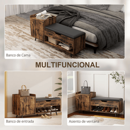 HOMCOM Banco Sapateira Banco para Entrada Estilo Industrial com Assento Acolchoado Compartimento Oculto Prateleiras Portas Prateleira Aberta para 3 Pares de Sapatos 127x35x59 cm Castanho Rústico