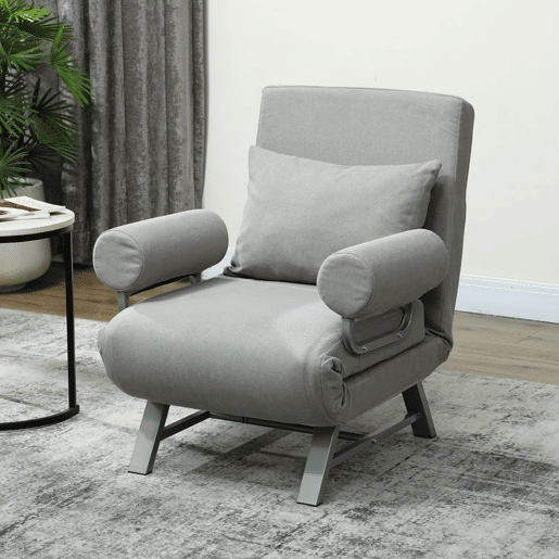 HOMCOM Sofá Cama de 1 Lugar 3 em 1 Sofá Cama Dobrável Estofado em Linho Sintético com Encosto Ajustável em 5 Níveis e Almofada Acolchoada para Escritório Quarto Sala de Estar 73x78x81 cm Cinzento Claro