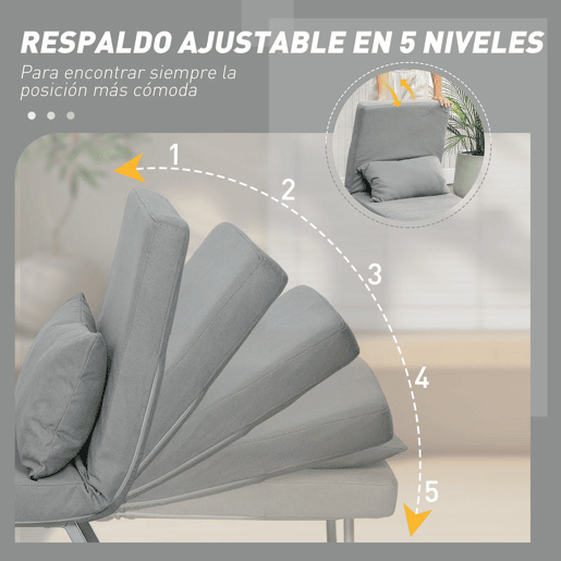 HOMCOM Sofá Cama de 1 Lugar 3 em 1 Sofá Cama Dobrável Estofado em Linho Sintético com Encosto Ajustável em 5 Níveis e Almofada Acolchoada para Escritório Quarto Sala de Estar 73x78x81 cm Cinzento Claro