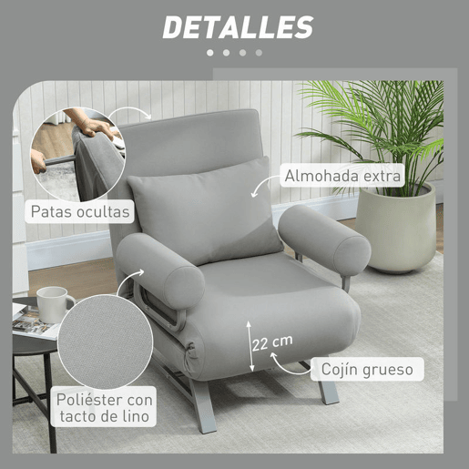 HOMCOM Sofá Cama de 1 Lugar 3 em 1 Sofá Cama Dobrável Estofado em Linho Sintético com Encosto Ajustável em 5 Níveis e Almofada Acolchoada para Escritório Quarto Sala de Estar 73x78x81 cm Cinzento Claro
