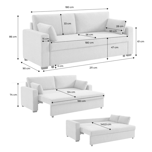 Sofá-cama conversível de 3 lugares, Easy, Beige, 211x90x86 cm