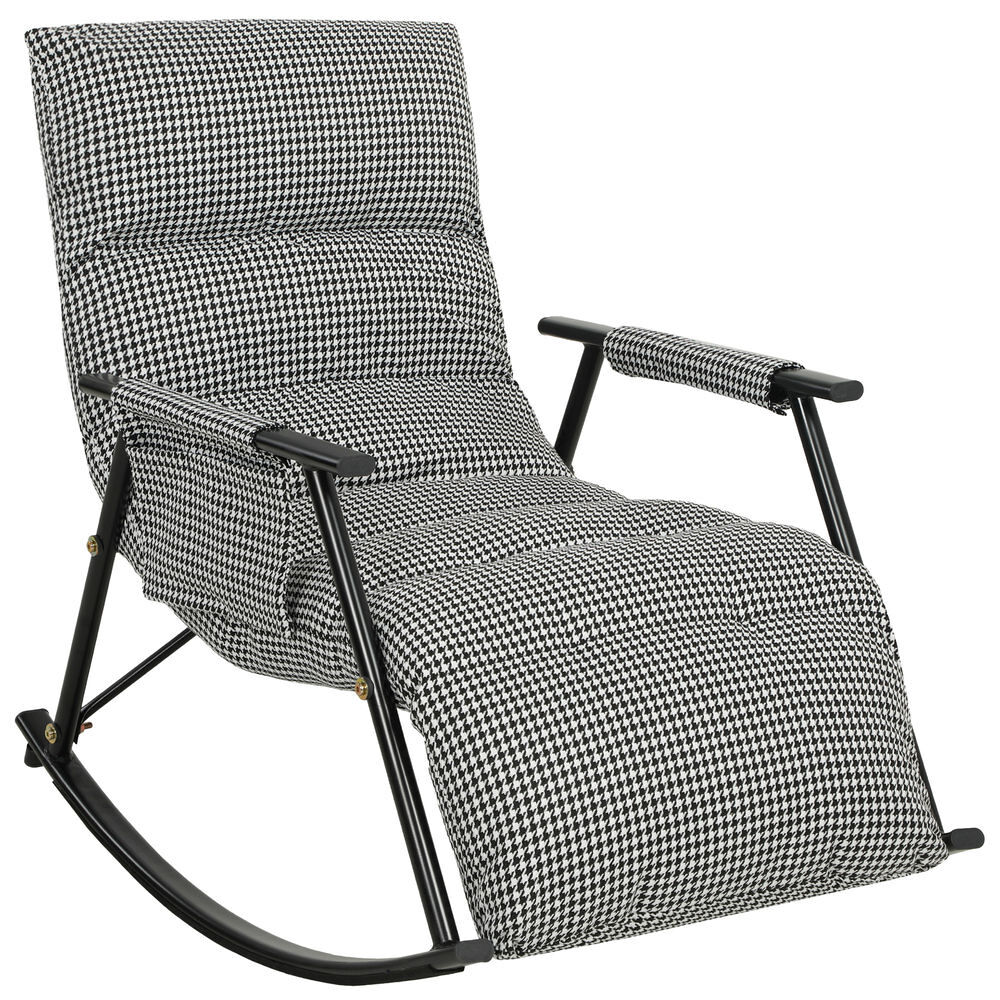 Homcom silla mecedora con respaldo y reposapiés ajustables, mecedora sillón balancín 105°, tapizada en lino, con bolsillo lateral y marco de metal, carga 120 kg, para dormitorio, salón, negro y blanco