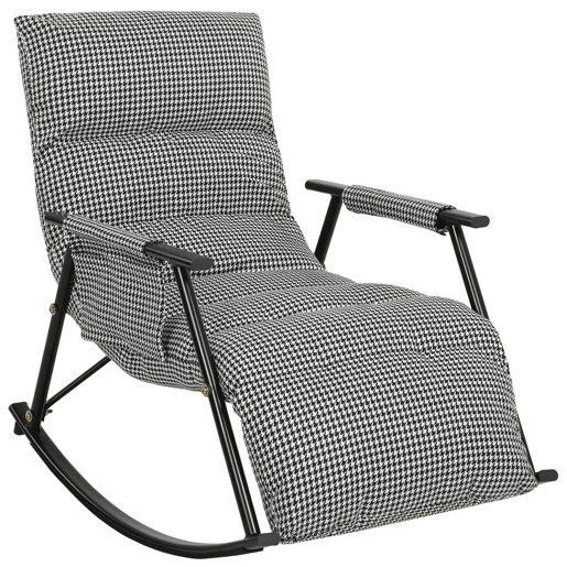 HOMCOM Poltrona Baloiço com Encosto e Apoia-Pés Ajustáveis Poltrona Baloiço 105° Estofada em Linho com Bolso Lateral e Estrutura de Metal Suporta 120 kg para Quarto Sala Preto e Branco