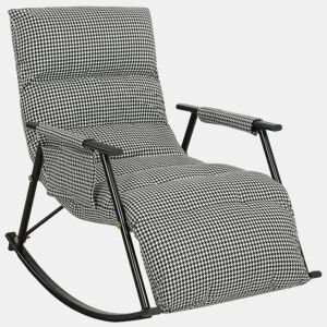 HOMCOM Poltrona Baloiço com Encosto e Apoia-Pés Ajustáveis Poltrona Baloiço 105° Estofada em Linho com Bolso Lateral e Estrutura de Metal Suporta 120 kg para Quarto Sala Preto e Branco