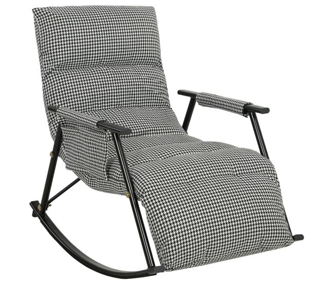 Homcom silla mecedora con respaldo y reposapiés ajustables, mecedora sillón balancín 105°, tapizada en lino, con bolsillo lateral y marco de metal, carga 120 kg, para dormitorio, salón, negro y blanco