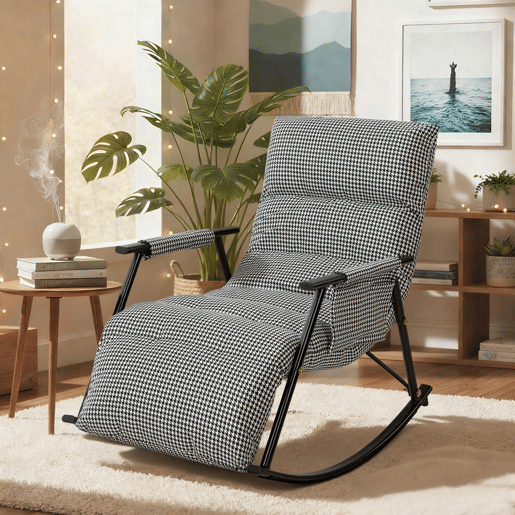 HOMCOM Poltrona Baloiço com Encosto e Apoia-Pés Ajustáveis Poltrona Baloiço 105° Estofada em Linho com Bolso Lateral e Estrutura de Metal Suporta 120 kg para Quarto Sala Preto e Branco
