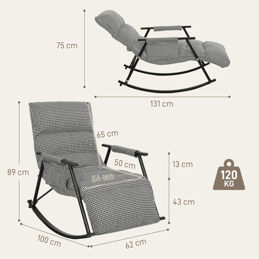 HOMCOM Poltrona Baloiço com Encosto e Apoia-Pés Ajustáveis Poltrona Baloiço 105° Estofada em Linho com Bolso Lateral e Estrutura de Metal Suporta 120 kg para Quarto Sala Preto e Branco
