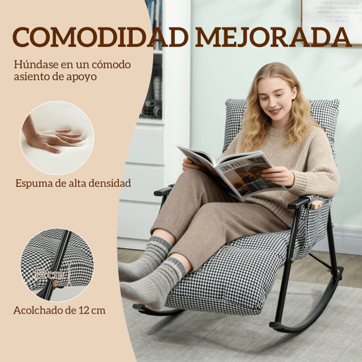 HOMCOM Poltrona Baloiço com Encosto e Apoia-Pés Ajustáveis Poltrona Baloiço 105° Estofada em Linho com Bolso Lateral e Estrutura de Metal Suporta 120 kg para Quarto Sala Preto e Branco
