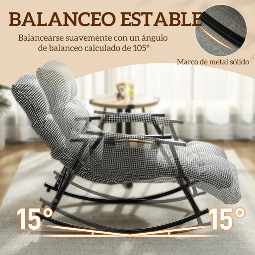 HOMCOM Poltrona Baloiço com Encosto e Apoia-Pés Ajustáveis Poltrona Baloiço 105° Estofada em Linho com Bolso Lateral e Estrutura de Metal Suporta 120 kg para Quarto Sala Preto e Branco