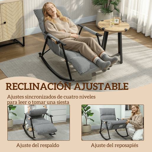 HOMCOM Poltrona Baloiço com Encosto e Apoia-Pés Ajustáveis Poltrona Baloiço 105° Estofada em Linho com Bolso Lateral e Estrutura de Metal Suporta 120 kg para Quarto Sala Preto e Branco