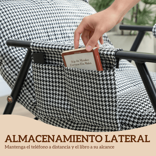 HOMCOM Poltrona Baloiço com Encosto e Apoia-Pés Ajustáveis Poltrona Baloiço 105° Estofada em Linho com Bolso Lateral e Estrutura de Metal Suporta 120 kg para Quarto Sala Preto e Branco