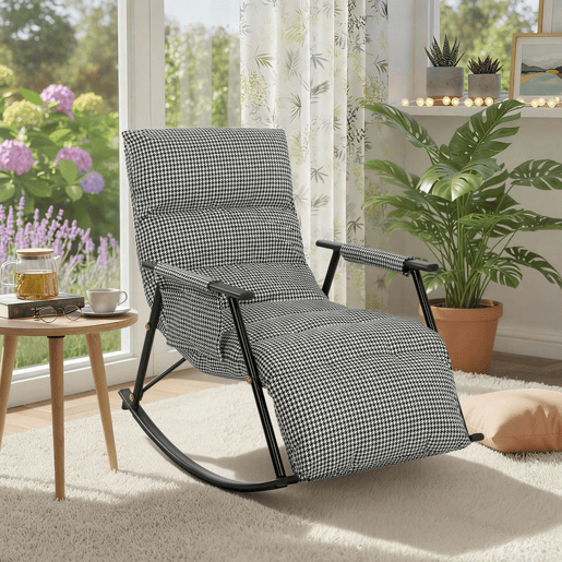HOMCOM Poltrona Baloiço com Encosto e Apoia-Pés Ajustáveis Poltrona Baloiço 105° Estofada em Linho com Bolso Lateral e Estrutura de Metal Suporta 120 kg para Quarto Sala Preto e Branco