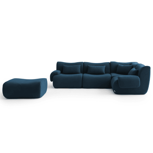 Sofá de canto modular de 4 lugares com chaise longue, tecido bouclé na cor azul profundo
