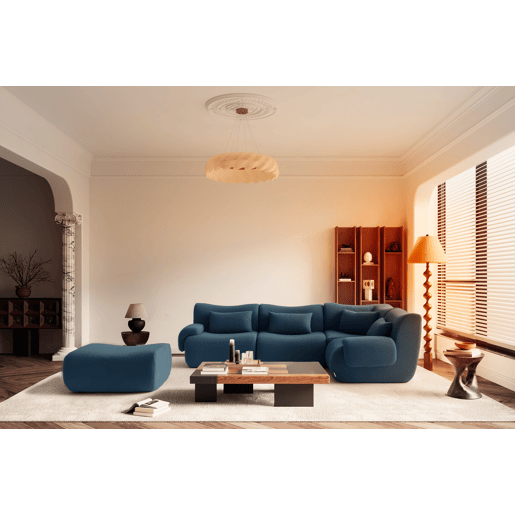 Sofá de canto modular de 4 lugares com chaise longue, tecido bouclé na cor azul profundo
