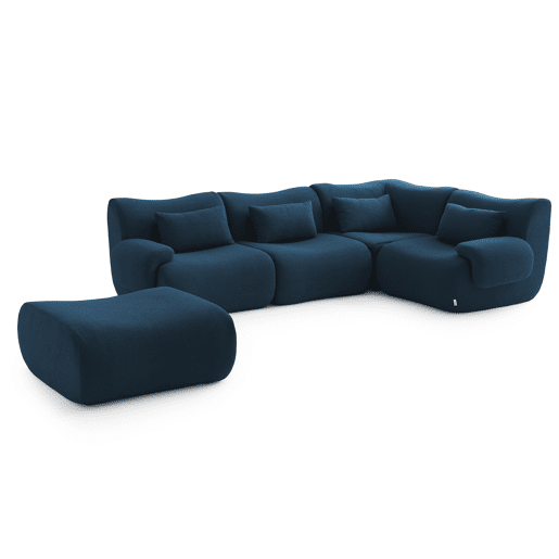 Sofá de canto modular de 4 lugares com chaise longue, tecido bouclé na cor azul profundo