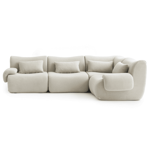 Sofá de canto modular de 4 lugares, tecido bouclé na cor bege creme