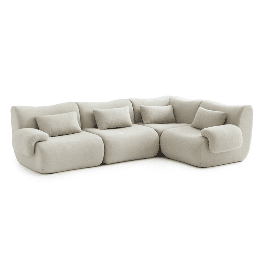 Sofá de canto modular de 4 lugares, tecido bouclé na cor bege creme