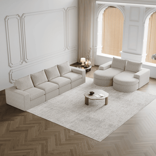 Sofá modular de 6 lugares - Chenille curvado com chaise longue, espuma comprimida - Bege